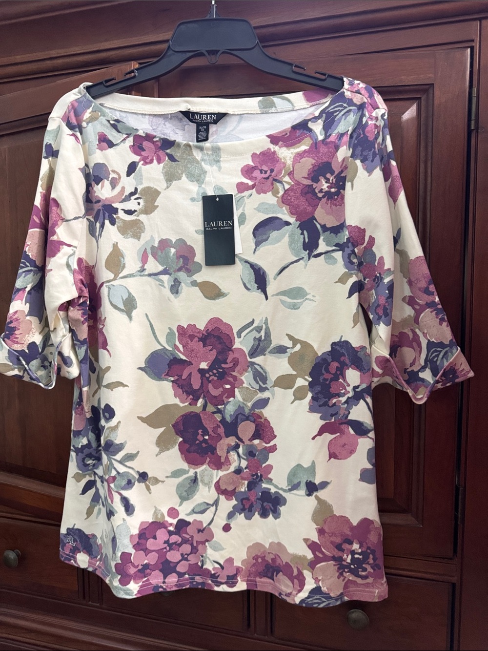 Lauren Ralph Lauren Cream Floral Boatneck Top with Purple Blossoms